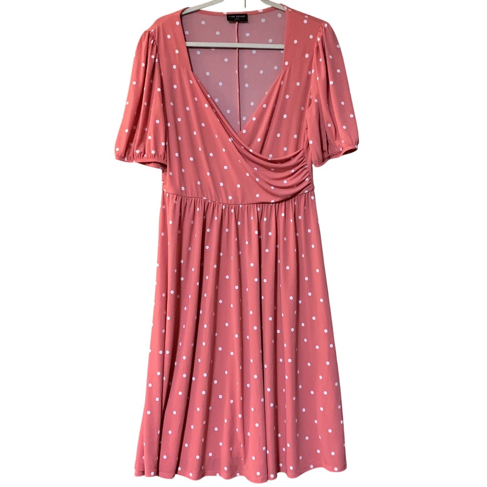 Lane Bryant Faux Wrap Dress 10/12 Coral Pink Polka Dot Retro Fit Flare